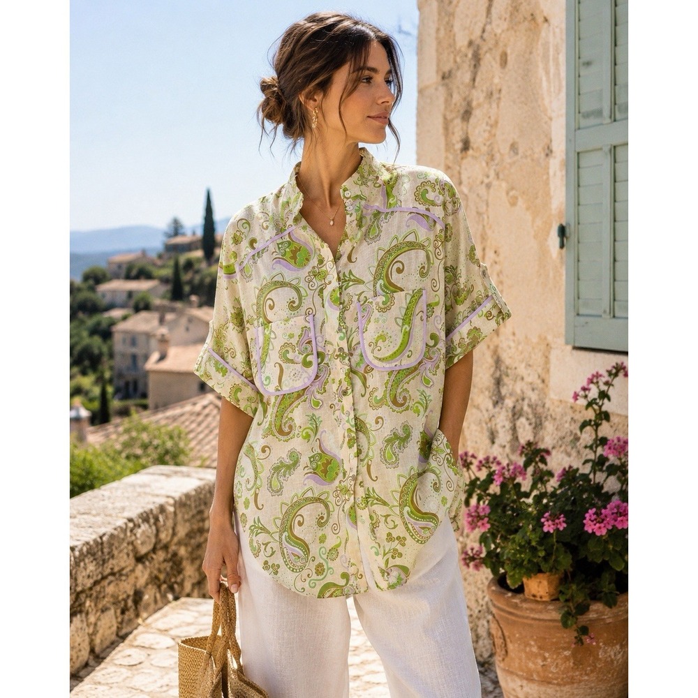 ALEMAIS Marta Shirt 8 Green Paisley Linen Boho‎ Luxe Resort Coastal Chic Top